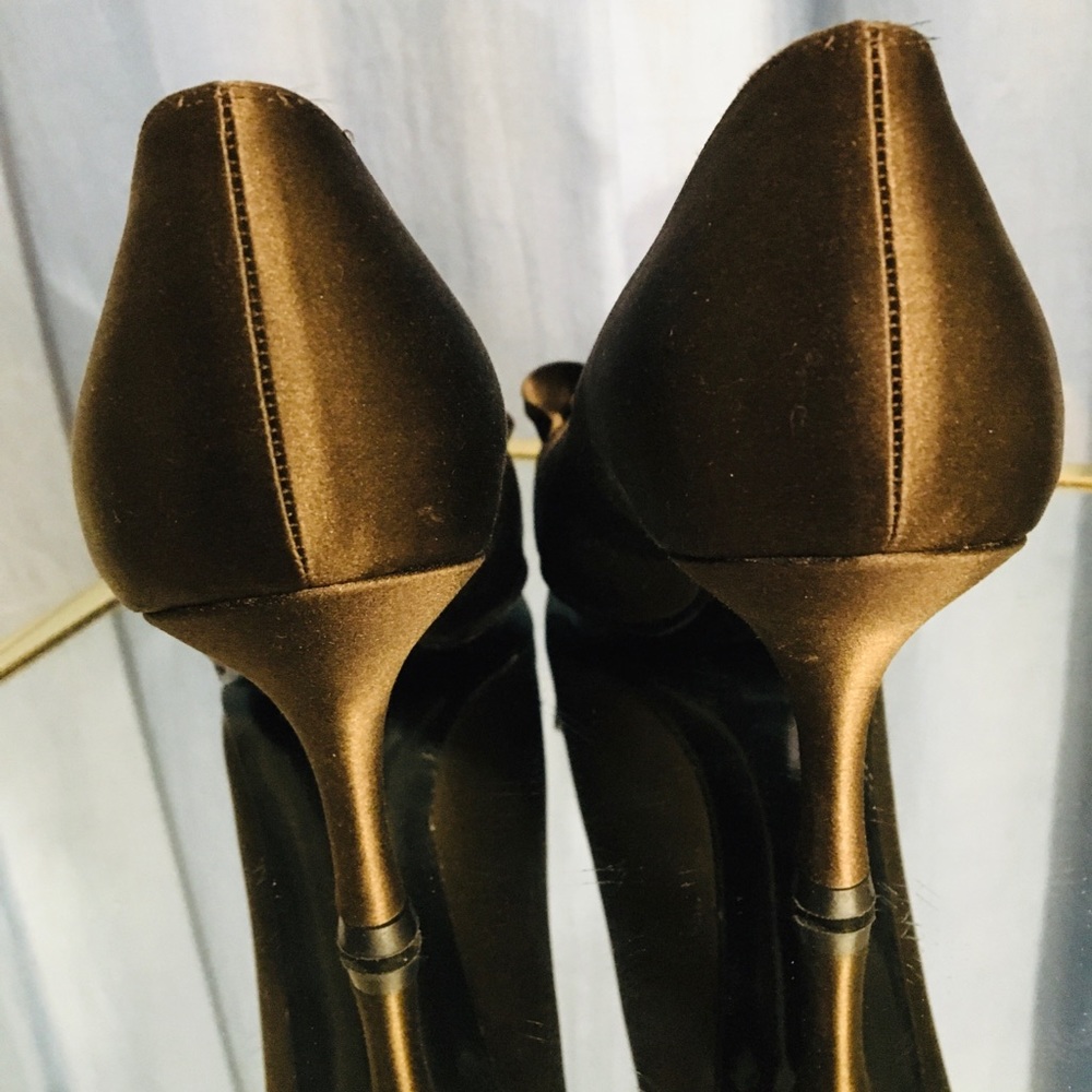 Stuart Weitzman Brown Satin Ruffle Peep Toe Heels - image 5